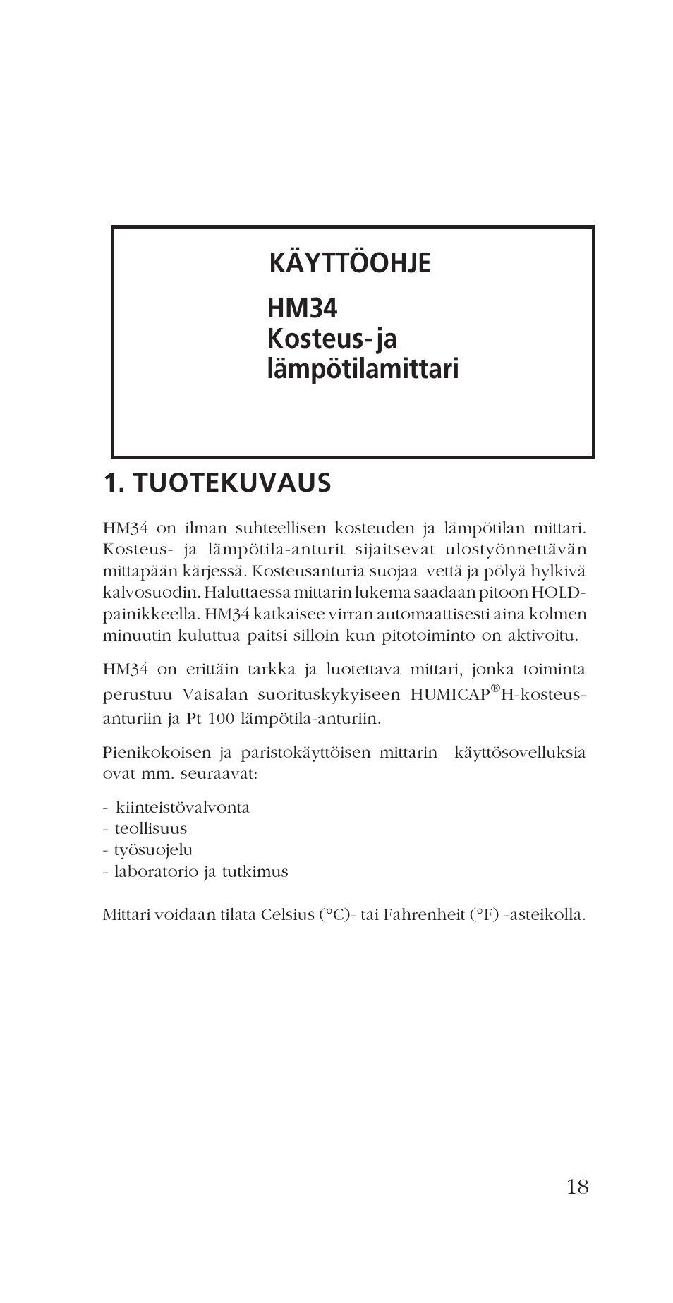 Käyttöohje hm34 kosteus- ja lämpötilamittari, Tuotekuvaus | Vaisala HM34 User Manual | Page 21 / 30