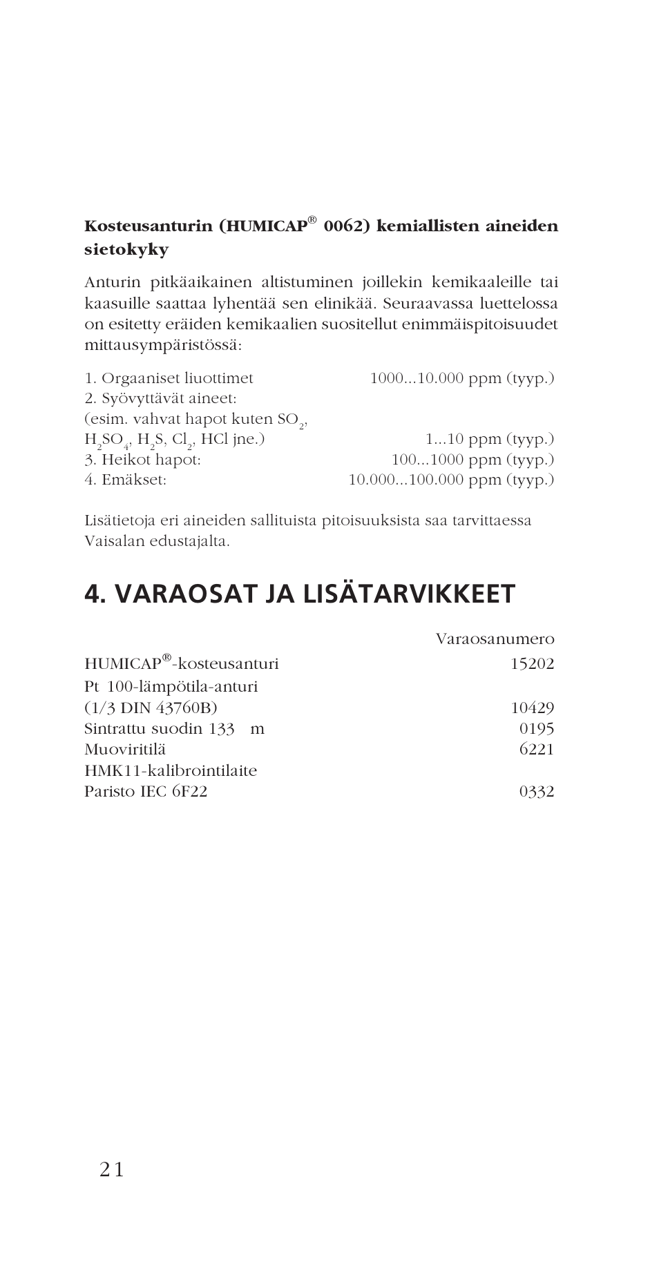 Varaosat ja lisätarvikkeet | Vaisala HM34 User Manual | Page 24 / 30