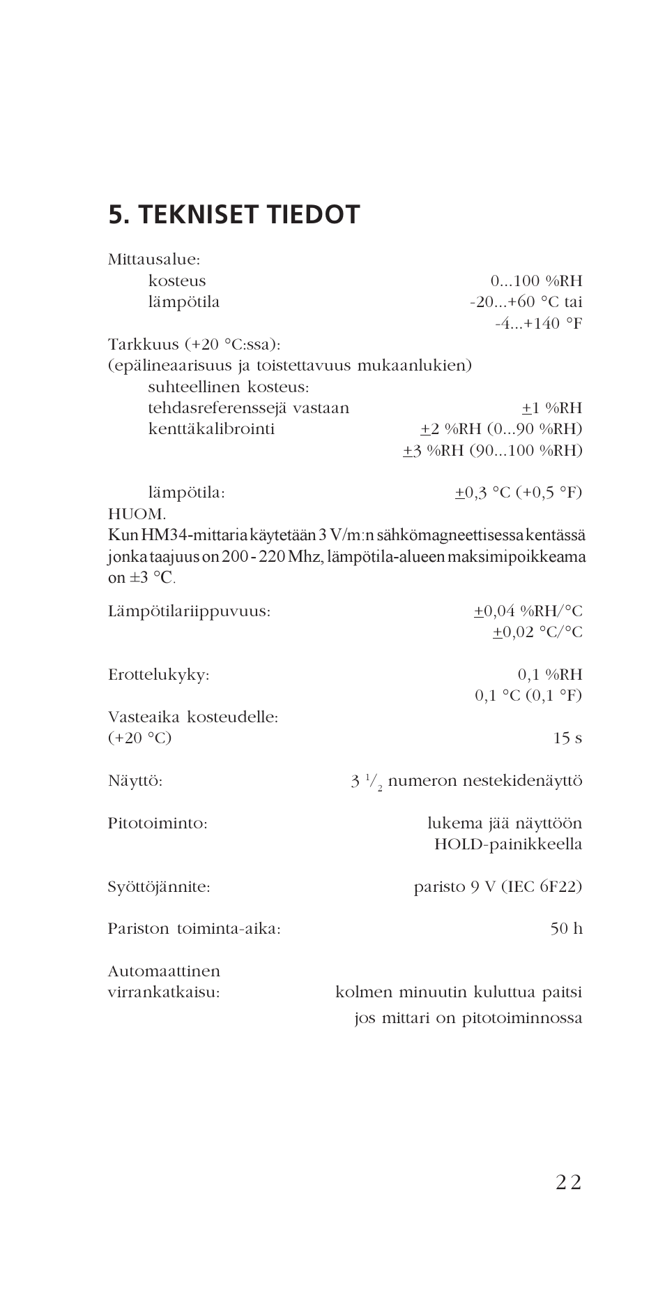 Tekniset tiedot | Vaisala HM34 User Manual | Page 25 / 30