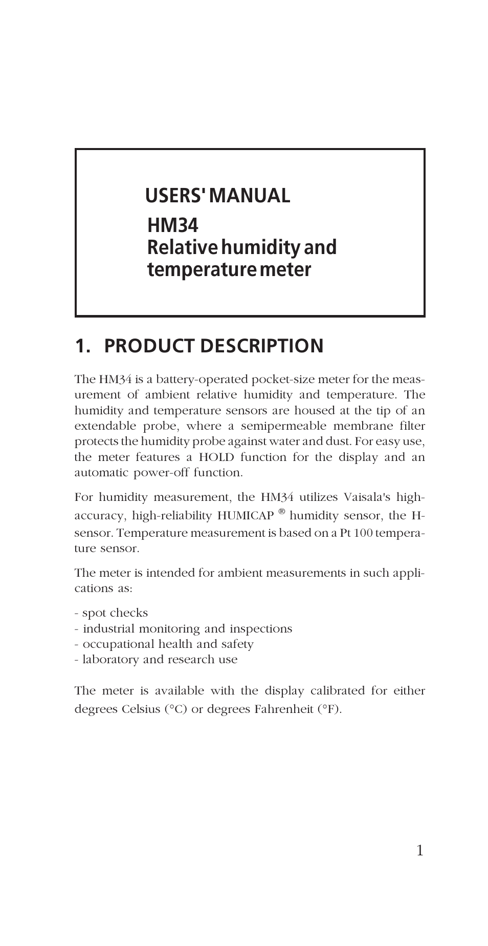 Product description | Vaisala HM34 User Manual | Page 3 / 30