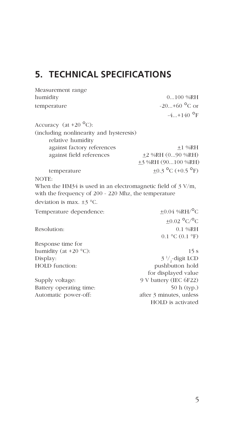 Technical specifications | Vaisala HM34 User Manual | Page 7 / 30