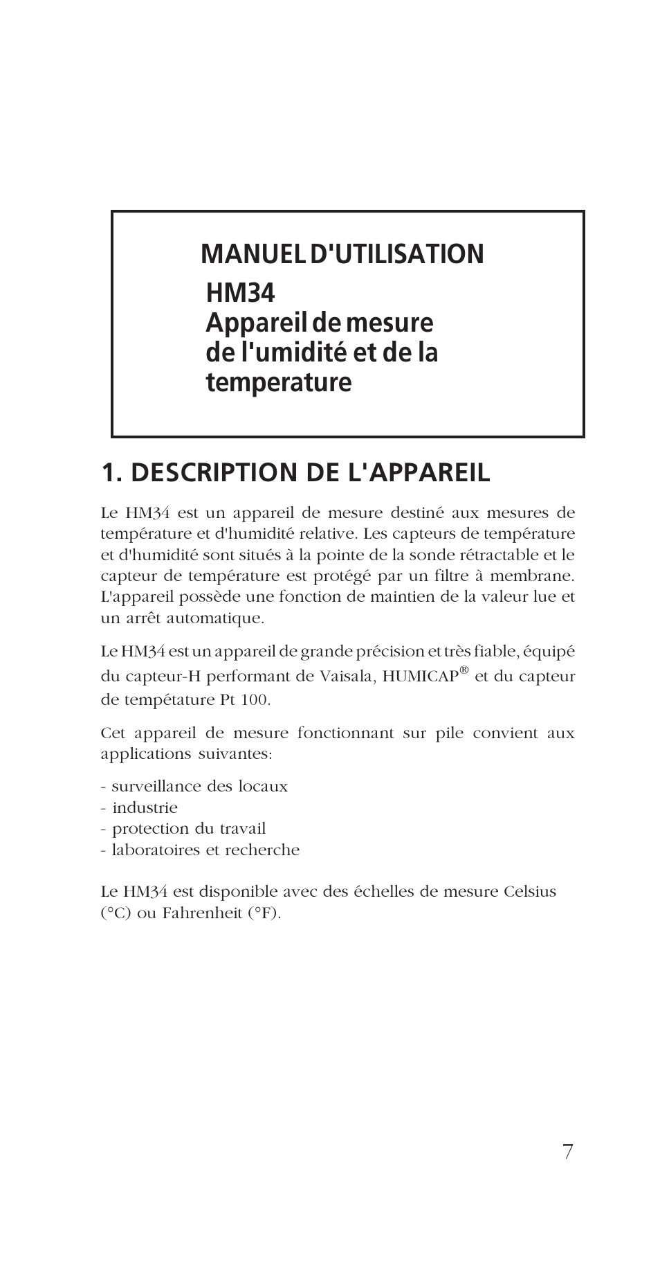 Description de l'appareil | Vaisala HM34 User Manual | Page 9 / 30