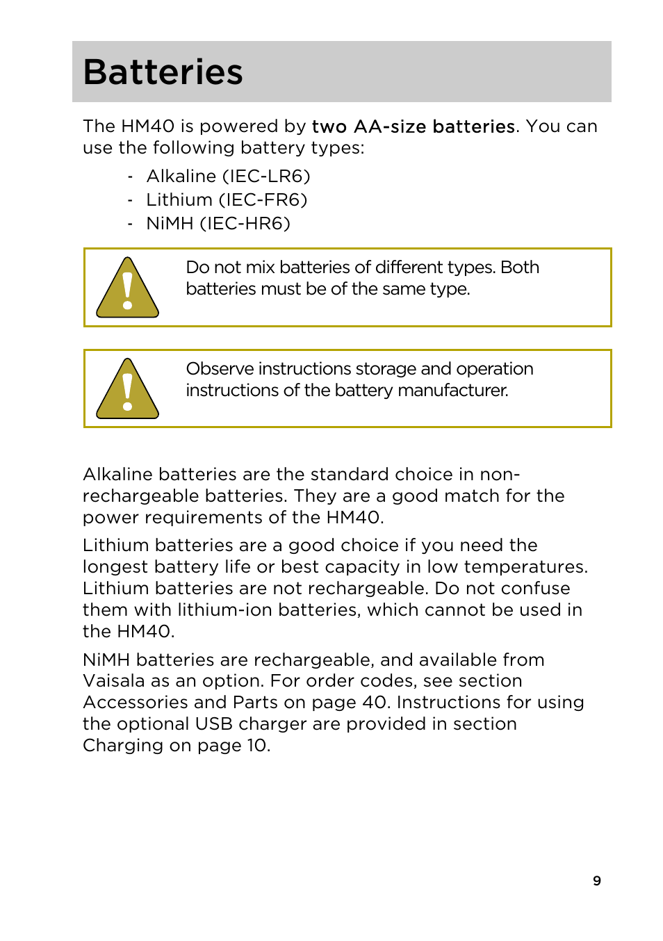 Batteries | Vaisala HM40 User Manual | Page 10 / 47