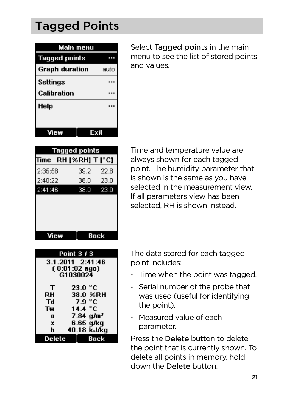 Tagged points, Ion tagged points on pa, Tions. see tagged points | Vaisala HM40 User Manual | Page 22 / 47