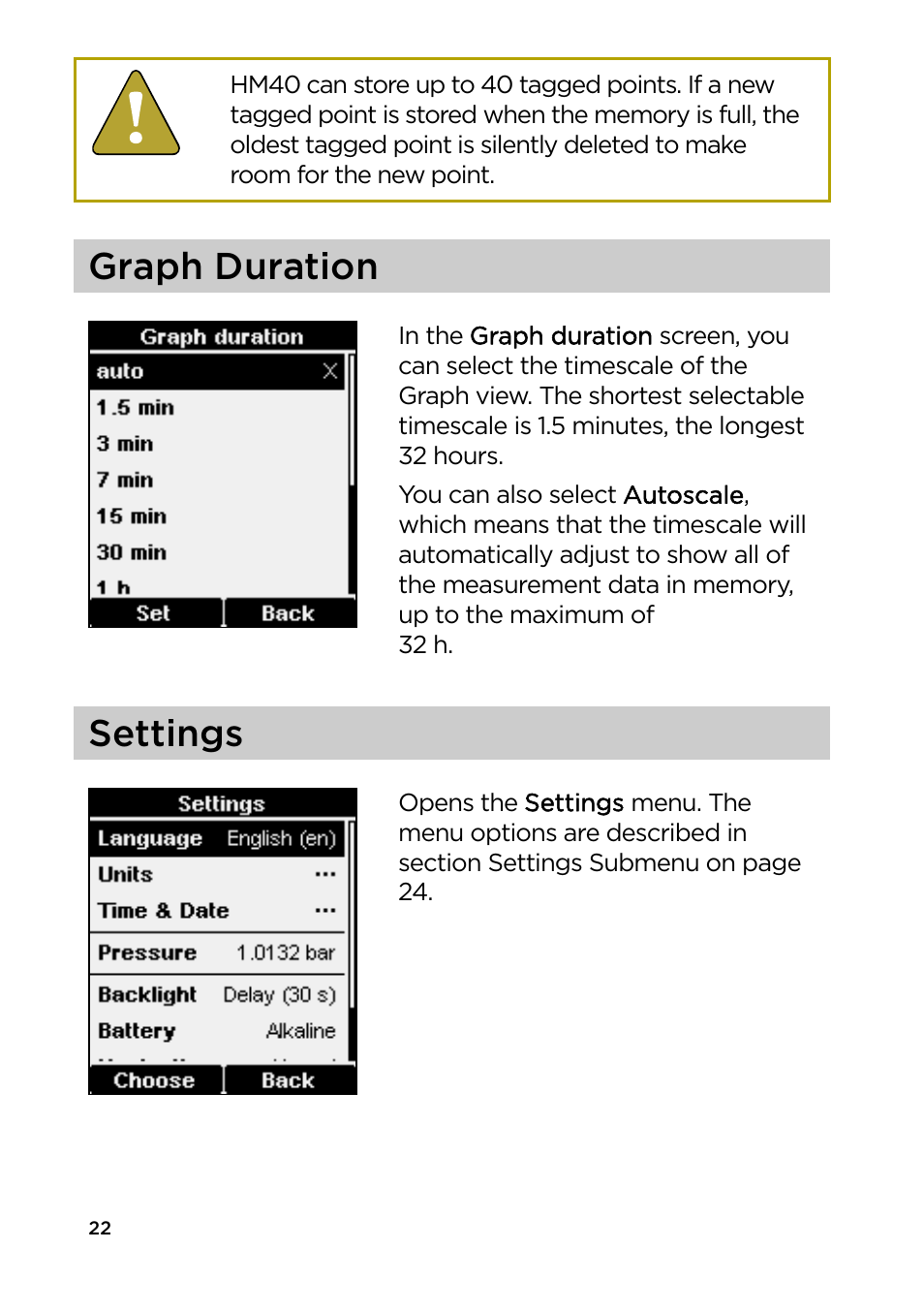 Graph duration, Settings | Vaisala HM40 User Manual | Page 23 / 47