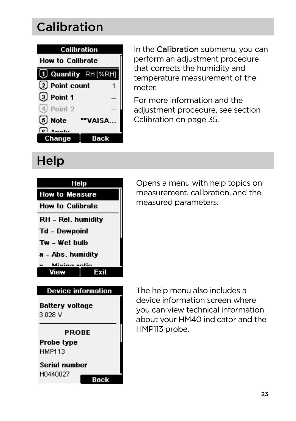 Calibration, Help | Vaisala HM40 User Manual | Page 24 / 47