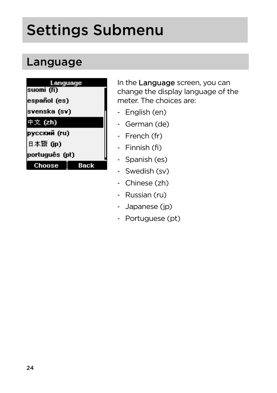 Settings submenu, Language | Vaisala HM40 User Manual | Page 25 / 47