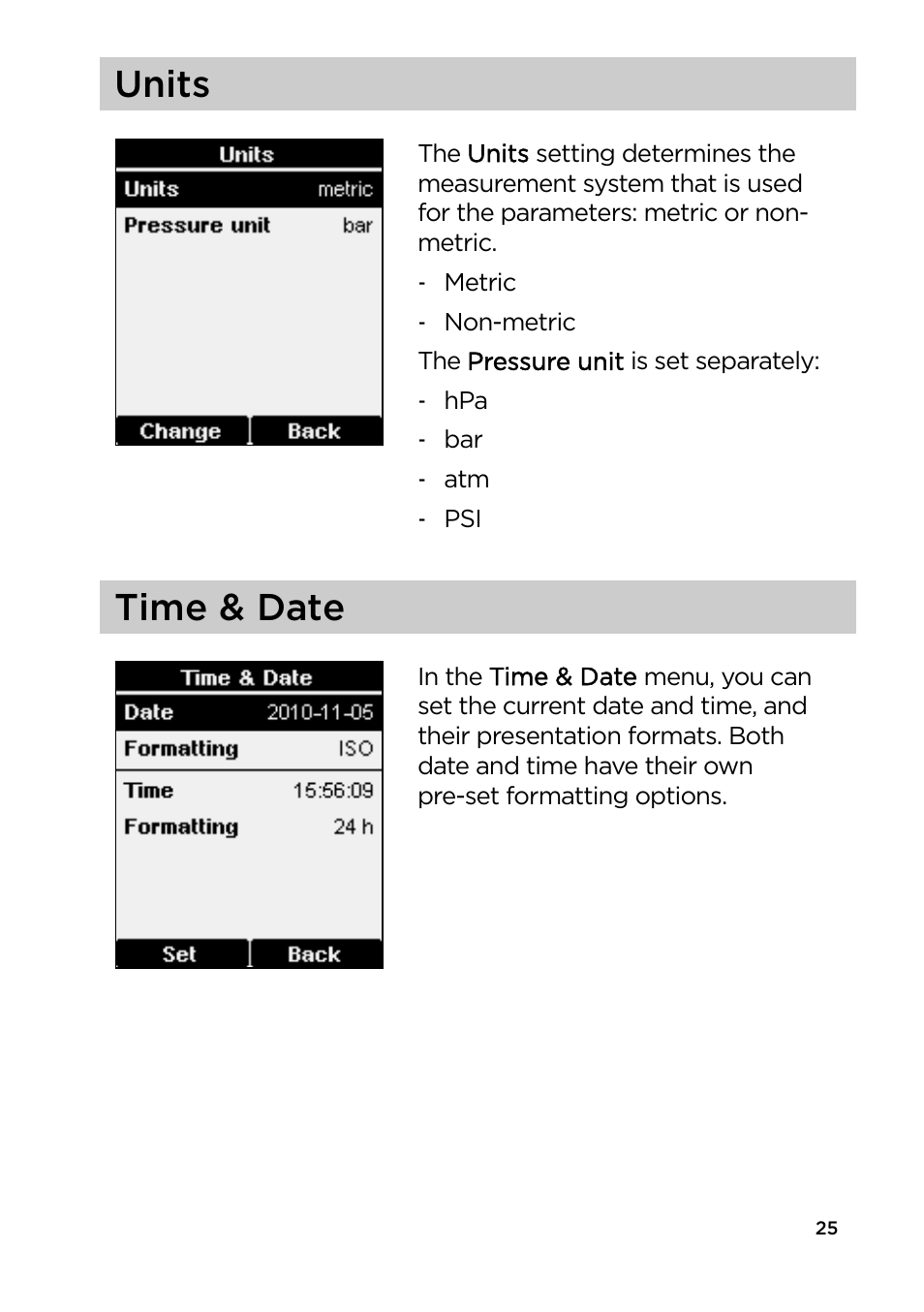 Units, Time & date | Vaisala HM40 User Manual | Page 26 / 47