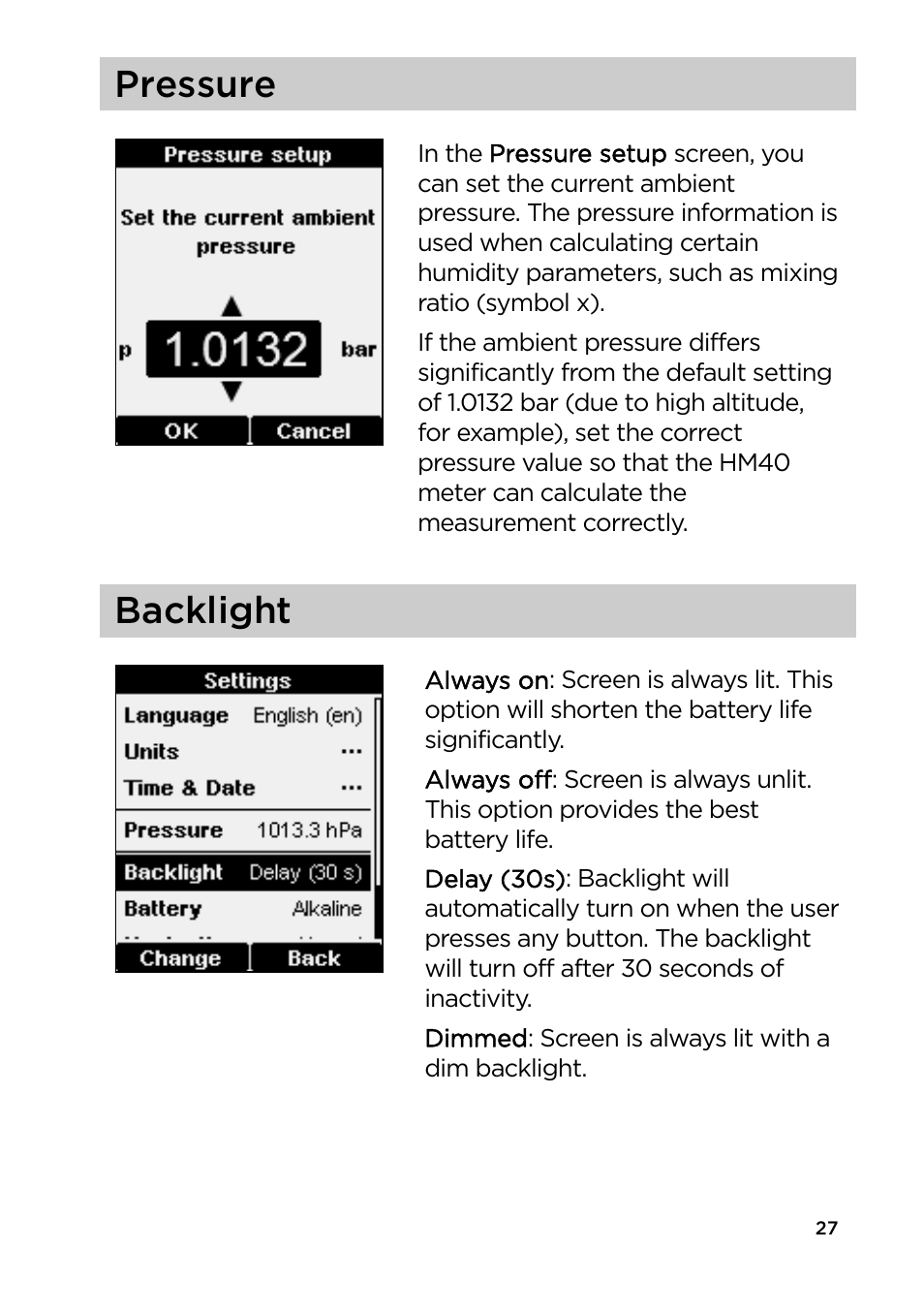 Pressure, Backlight | Vaisala HM40 User Manual | Page 28 / 47