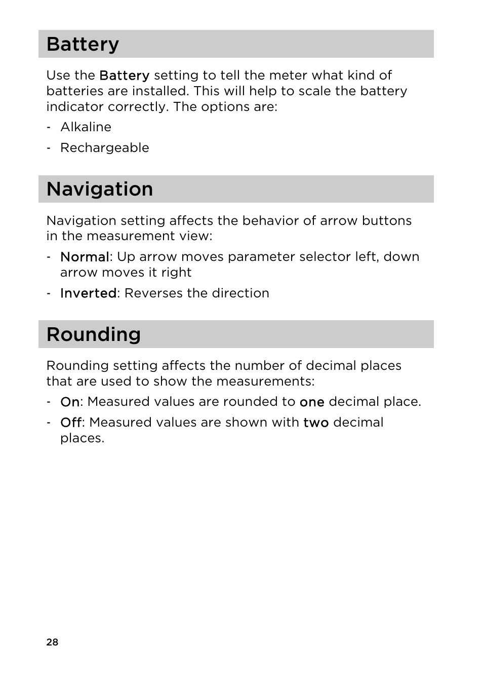 Battery, Navigation, Rounding | Vaisala HM40 User Manual | Page 29 / 47