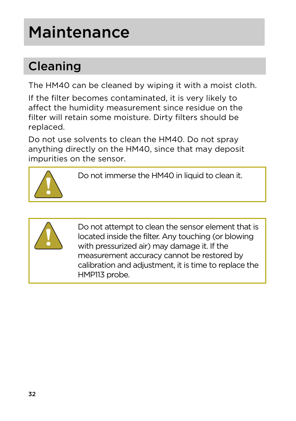 Maintenance, Cleaning | Vaisala HM40 User Manual | Page 33 / 47