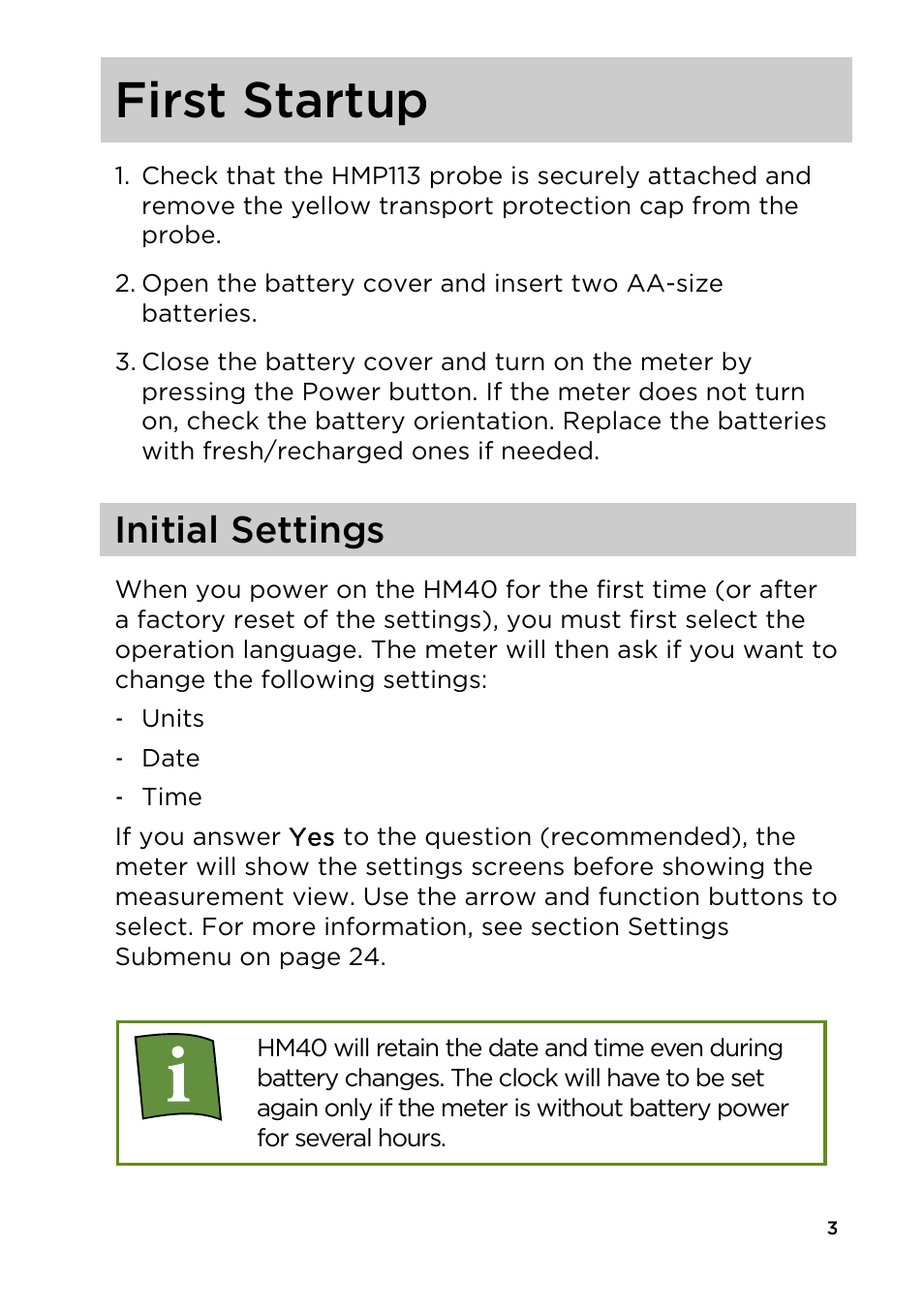 First startup, Initial settings | Vaisala HM40 User Manual | Page 4 / 47