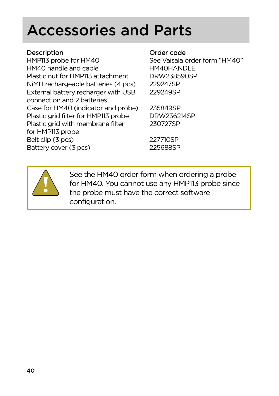 Accessories and parts, Accessories and parts on, Instructio | Vaisala HM40 User Manual | Page 41 / 47