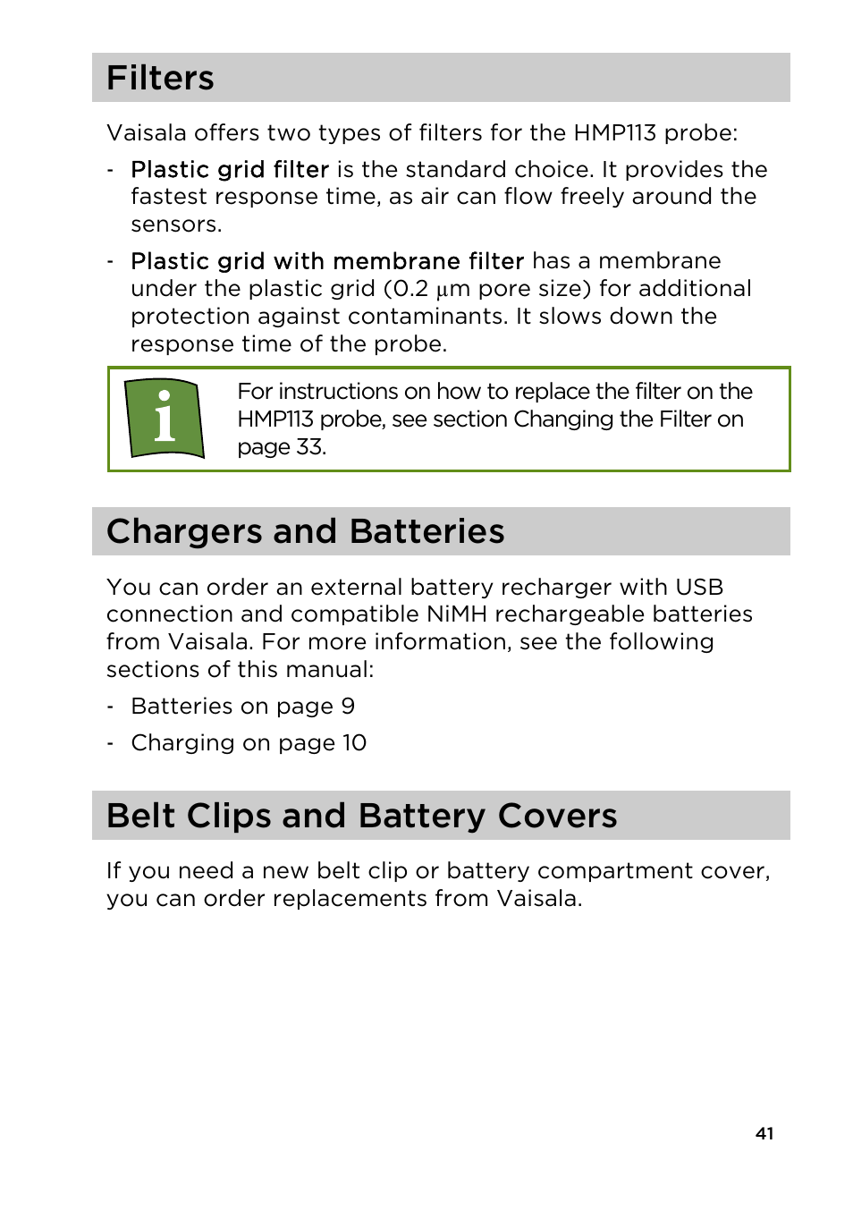 Filters, Chargers and batteries, Belt clips and battery covers | Vaisala HM40 User Manual | Page 42 / 47