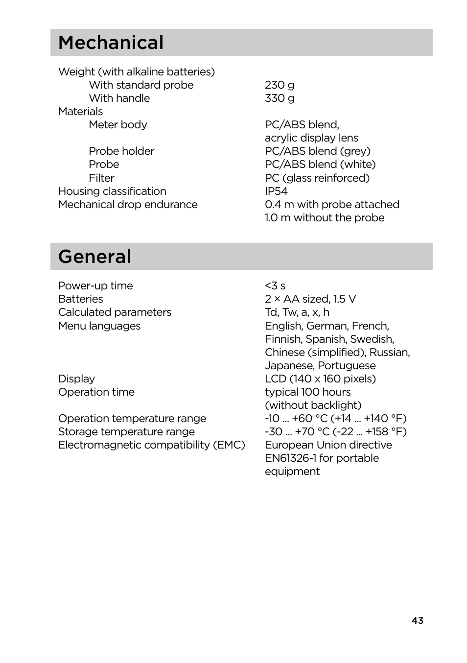 Mechanical, General | Vaisala HM40 User Manual | Page 44 / 47