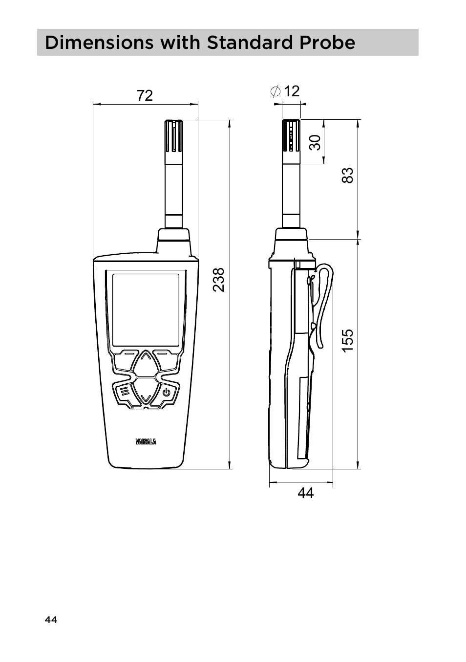 Dimensions with standard probe | Vaisala HM40 User Manual | Page 45 / 47