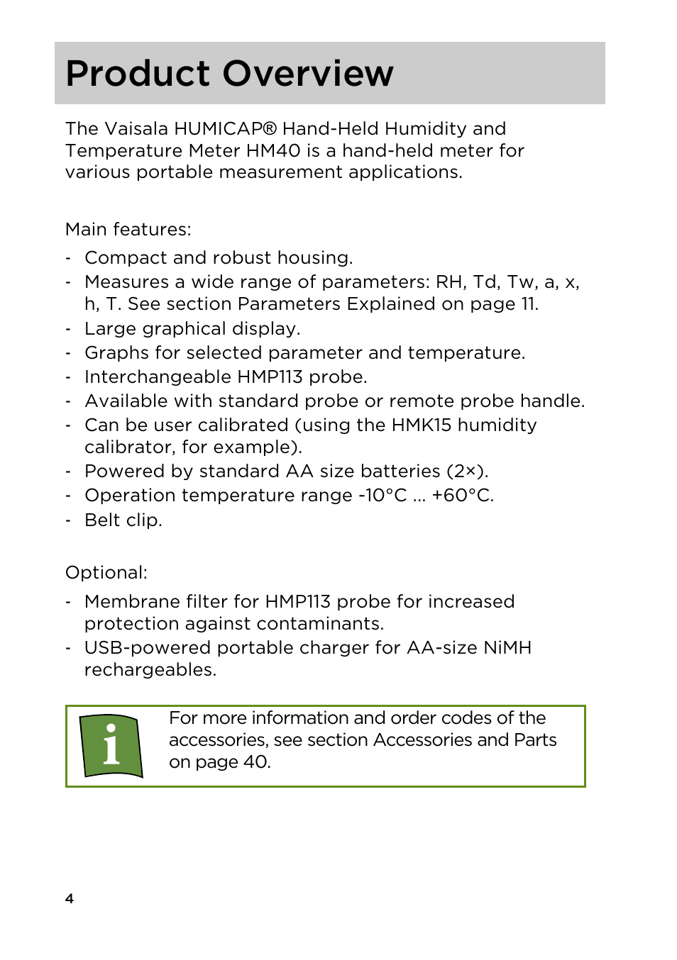Product overview | Vaisala HM40 User Manual | Page 5 / 47