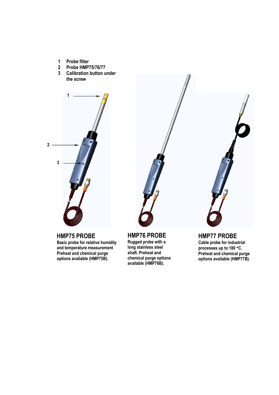 Hmp75 probe, Hmp76 probe, Hmp77 probe | Vaisala HM70 User Manual | Page 13 / 83