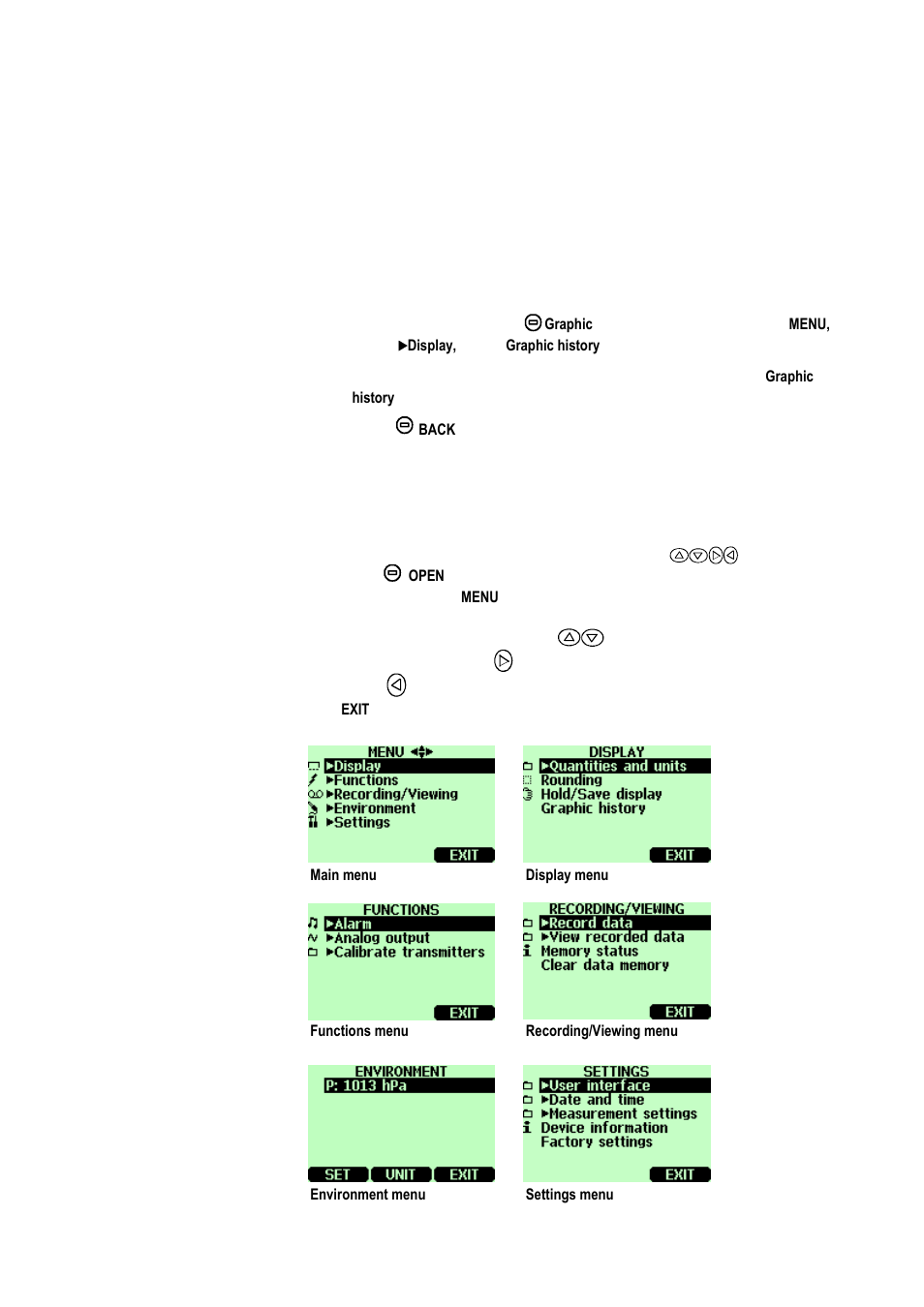 Graphical display, Menus | Vaisala HM70 User Manual | Page 21 / 83