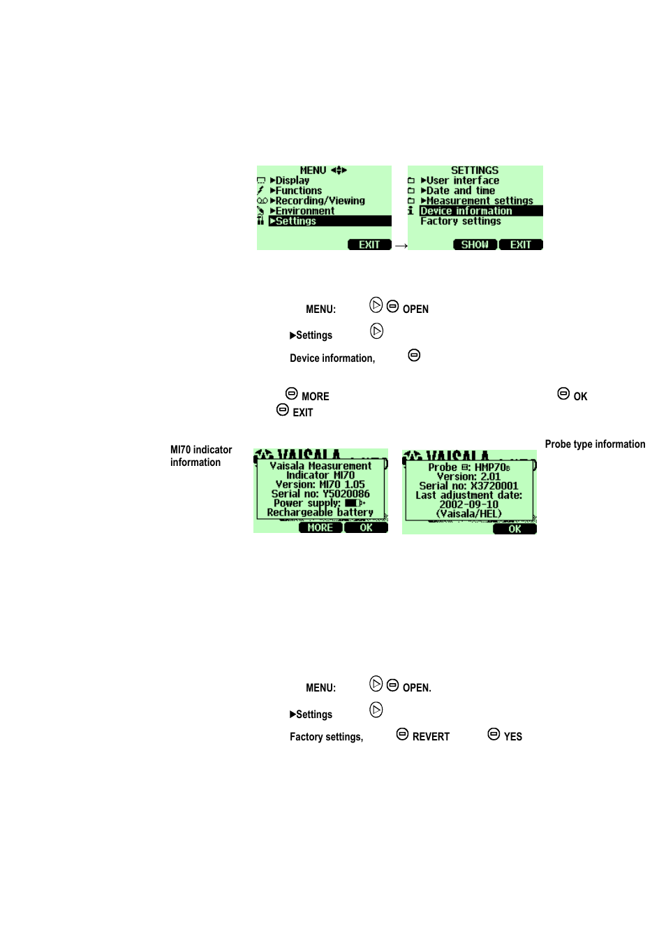 Device information, Reverting to factory settings | Vaisala HM70 User Manual | Page 29 / 83