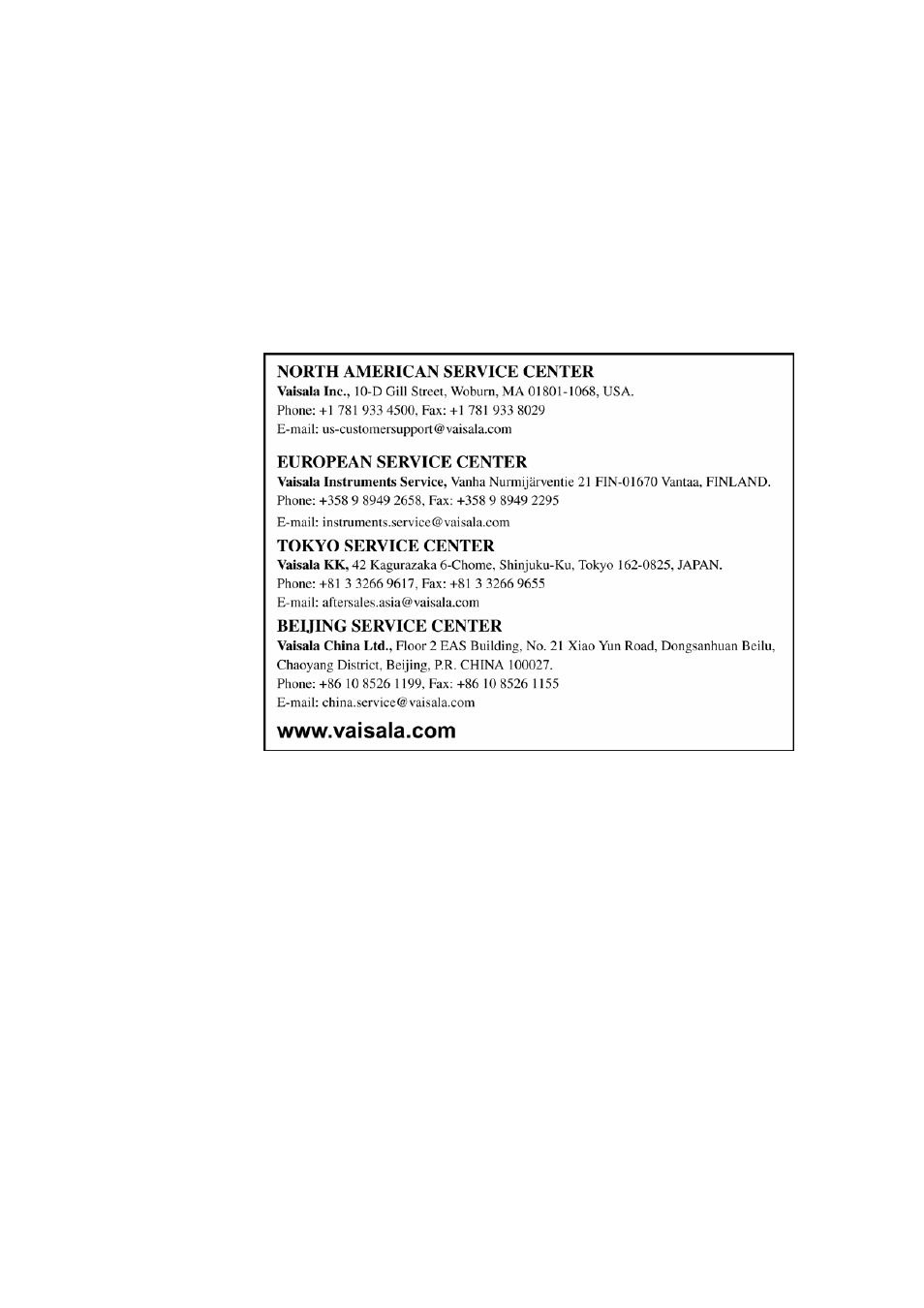 Vaisala service centers | Vaisala HM70 User Manual | Page 72 / 83