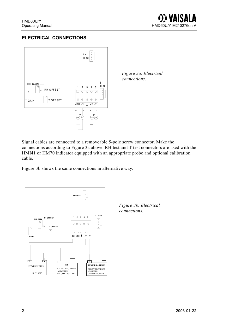 Electrical connections | Vaisala HMD60 User Manual | Page 2 / 4