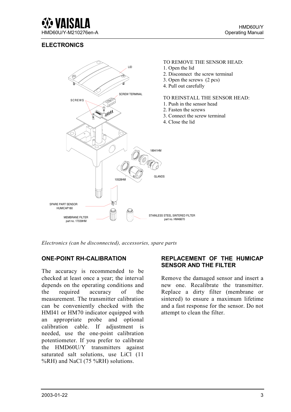 Electronics, One-point rh-calibration, Replacement of the humicap sensor and the filter | Vaisala HMD60 User Manual | Page 3 / 4