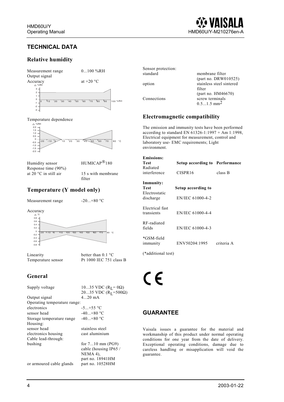 Technical data, Guarantee, Technical data relative humidity | Temperature (y model only), General, Electromagnetic compatibility | Vaisala HMD60 User Manual | Page 4 / 4