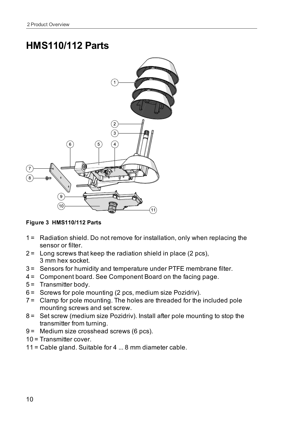 Hms110/112 parts | Vaisala HMDW110 User Manual | Page 12 / 62