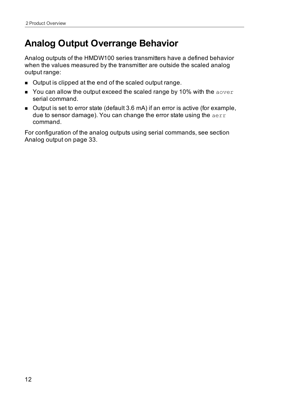 Analog output overrange behavior | Vaisala HMDW110 User Manual | Page 14 / 62
