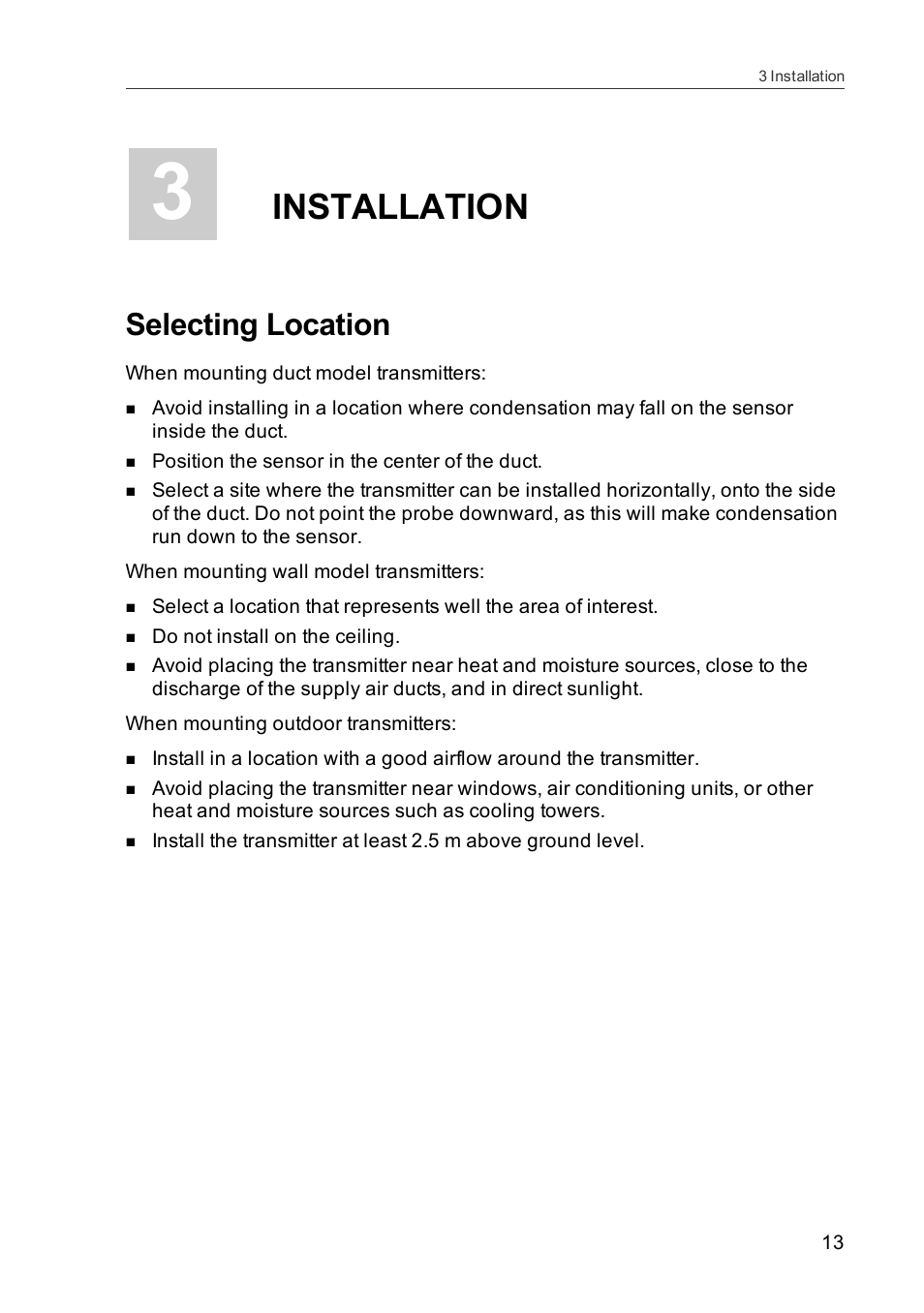 3 installation, Selecting location, Installation | Vaisala HMDW110 User Manual | Page 15 / 62