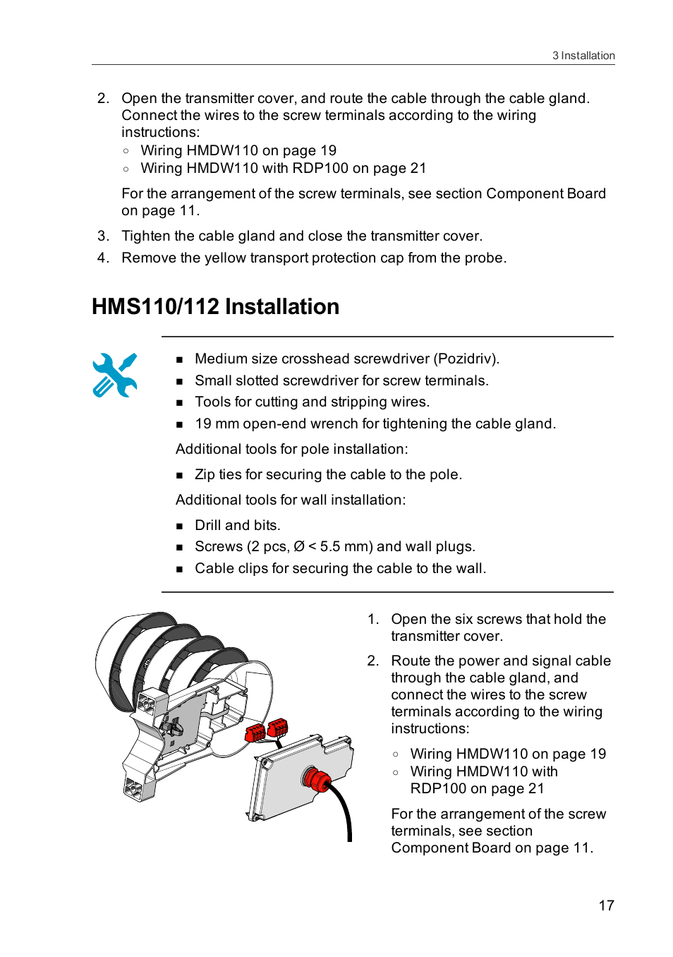 Hms110/112 installation | Vaisala HMDW110 User Manual | Page 19 / 62