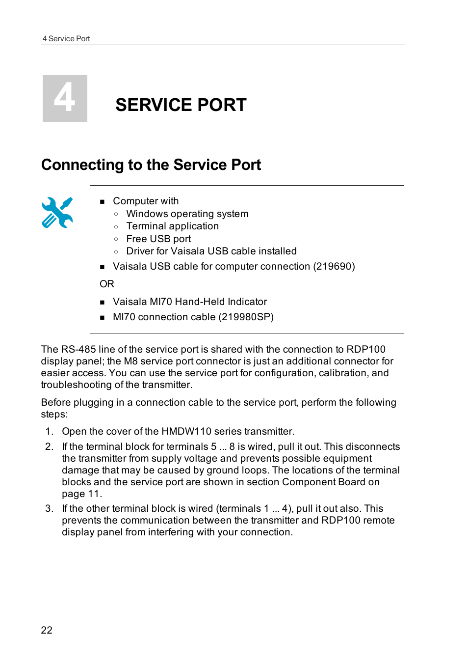 4 service port, Connecting to the service port, Service port | Vaisala HMDW110 User Manual | Page 24 / 62