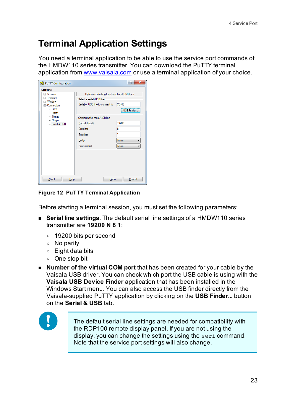 Terminal application settings | Vaisala HMDW110 User Manual | Page 25 / 62