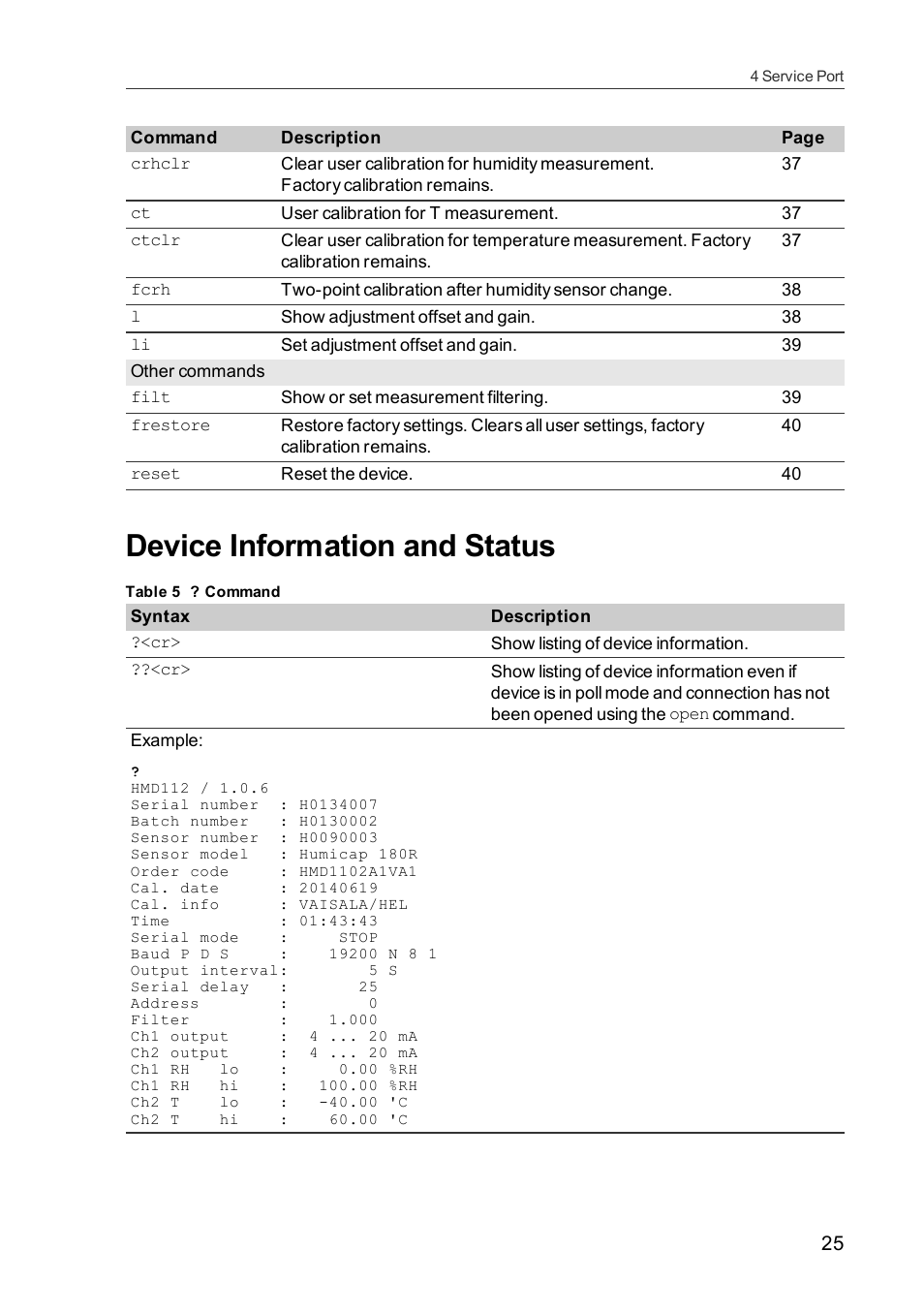 Device information and status | Vaisala HMDW110 User Manual | Page 27 / 62