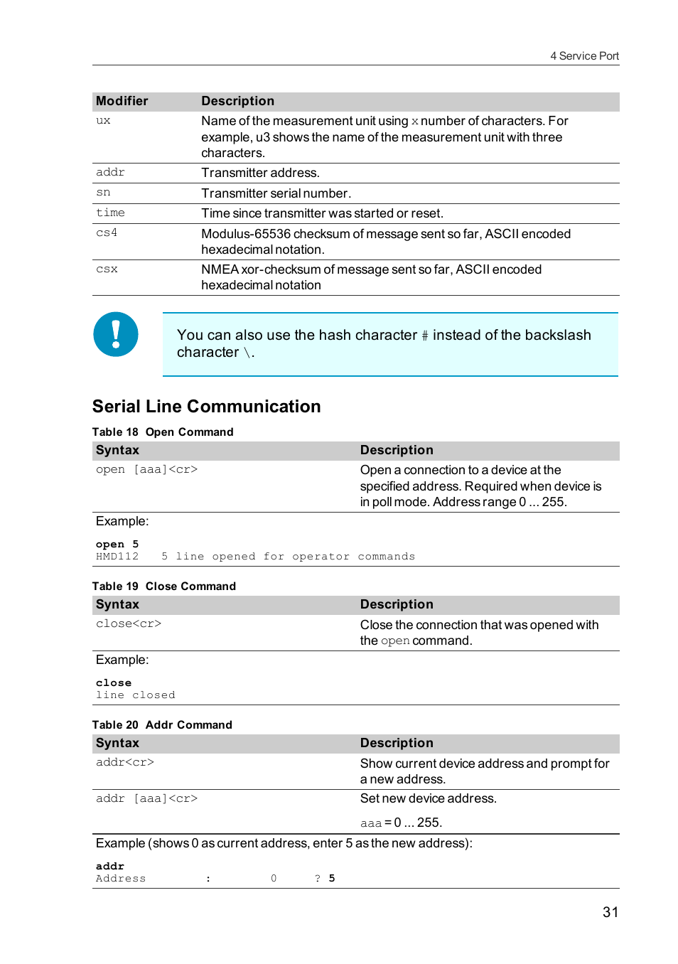 Serial line communication | Vaisala HMDW110 User Manual | Page 33 / 62