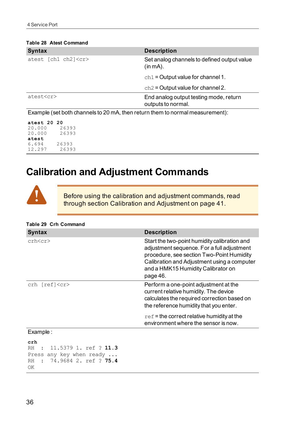 Calibration and adjustment commands | Vaisala HMDW110 User Manual | Page 38 / 62