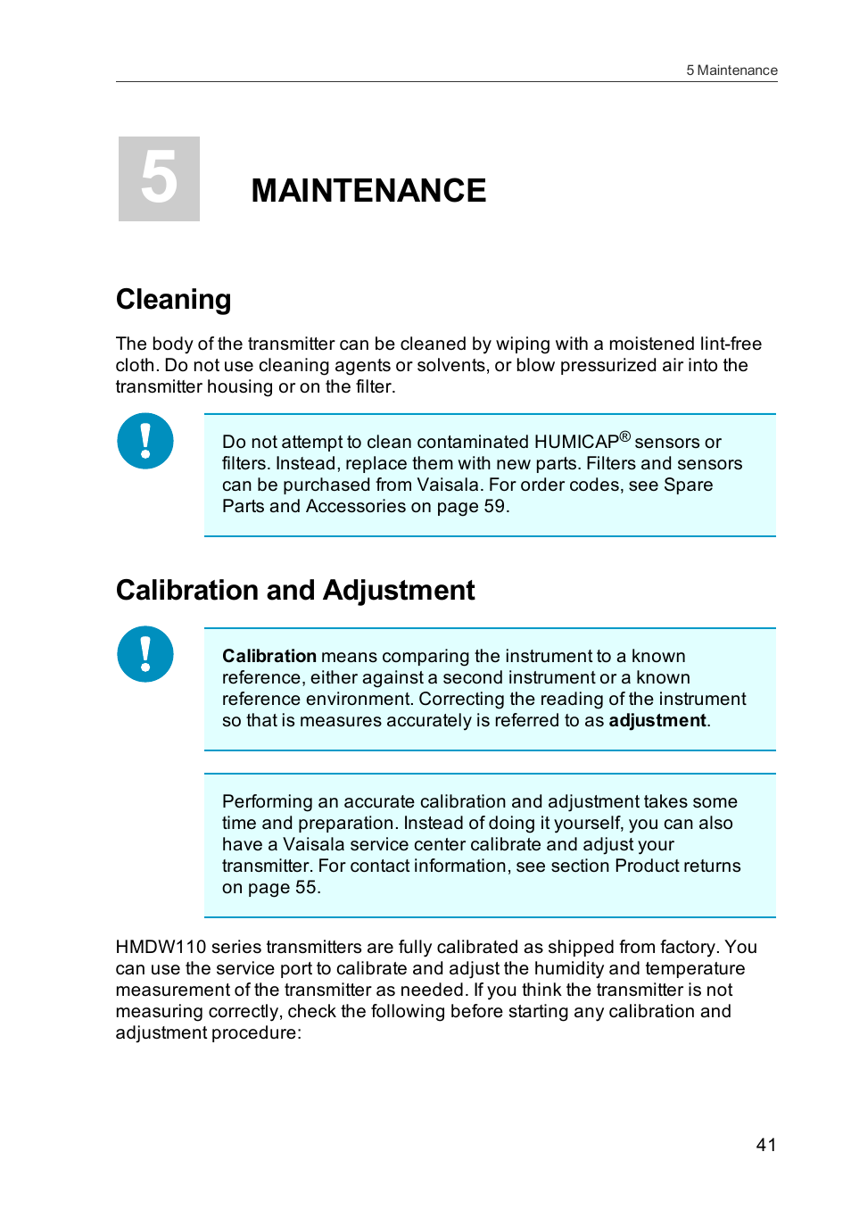 5 maintenance, Cleaning, Calibration and adjustment | Maintenance | Vaisala HMDW110 User Manual | Page 43 / 62