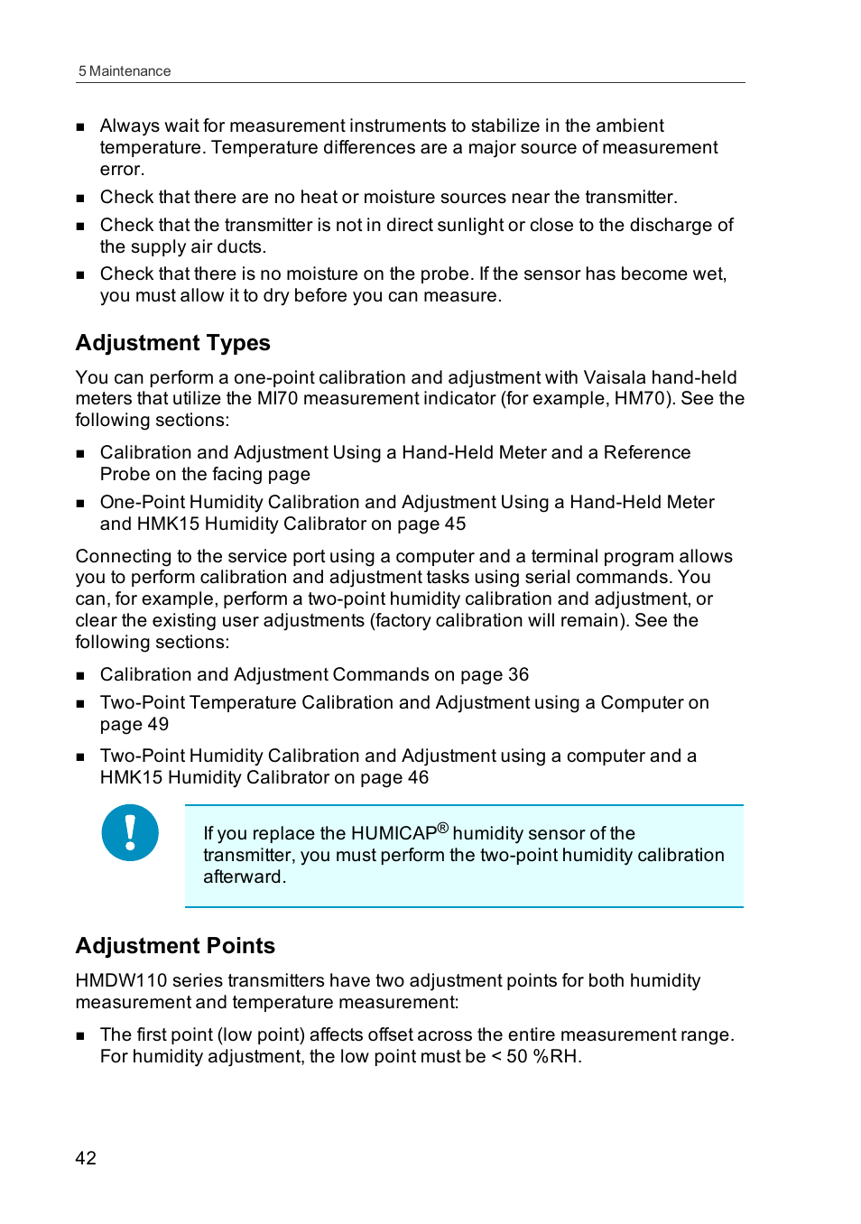 Adjustment types, Adjustment points | Vaisala HMDW110 User Manual | Page 44 / 62