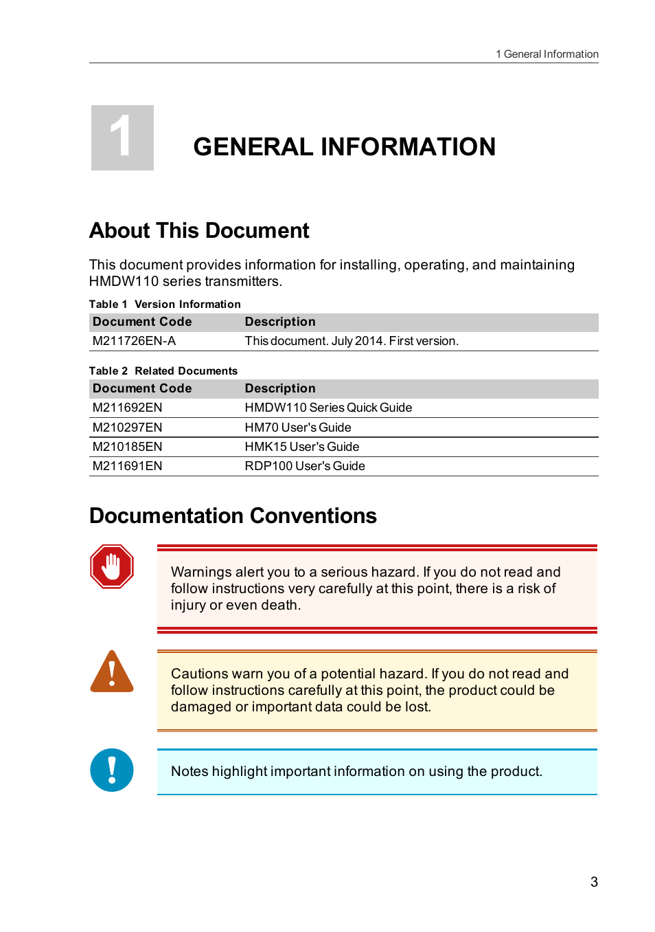 1 general information, About this document, Documentation conventions | General information | Vaisala HMDW110 User Manual | Page 5 / 62