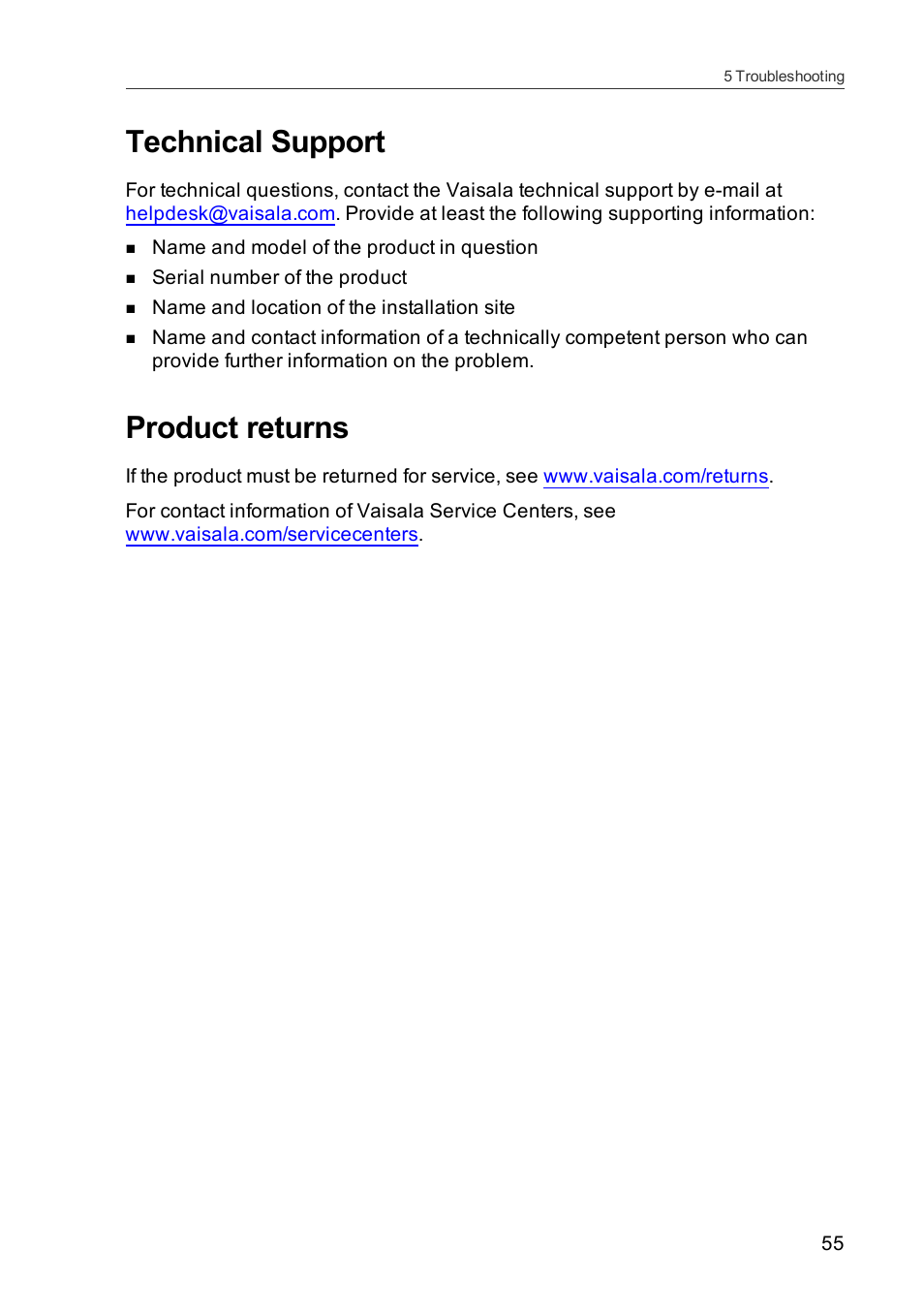 Technical support, Product returns | Vaisala HMDW110 User Manual | Page 57 / 62