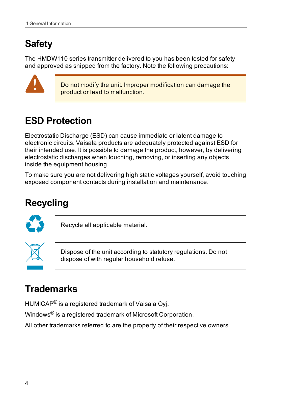 Safety, Esd protection, Recycling | Trademarks | Vaisala HMDW110 User Manual | Page 6 / 62