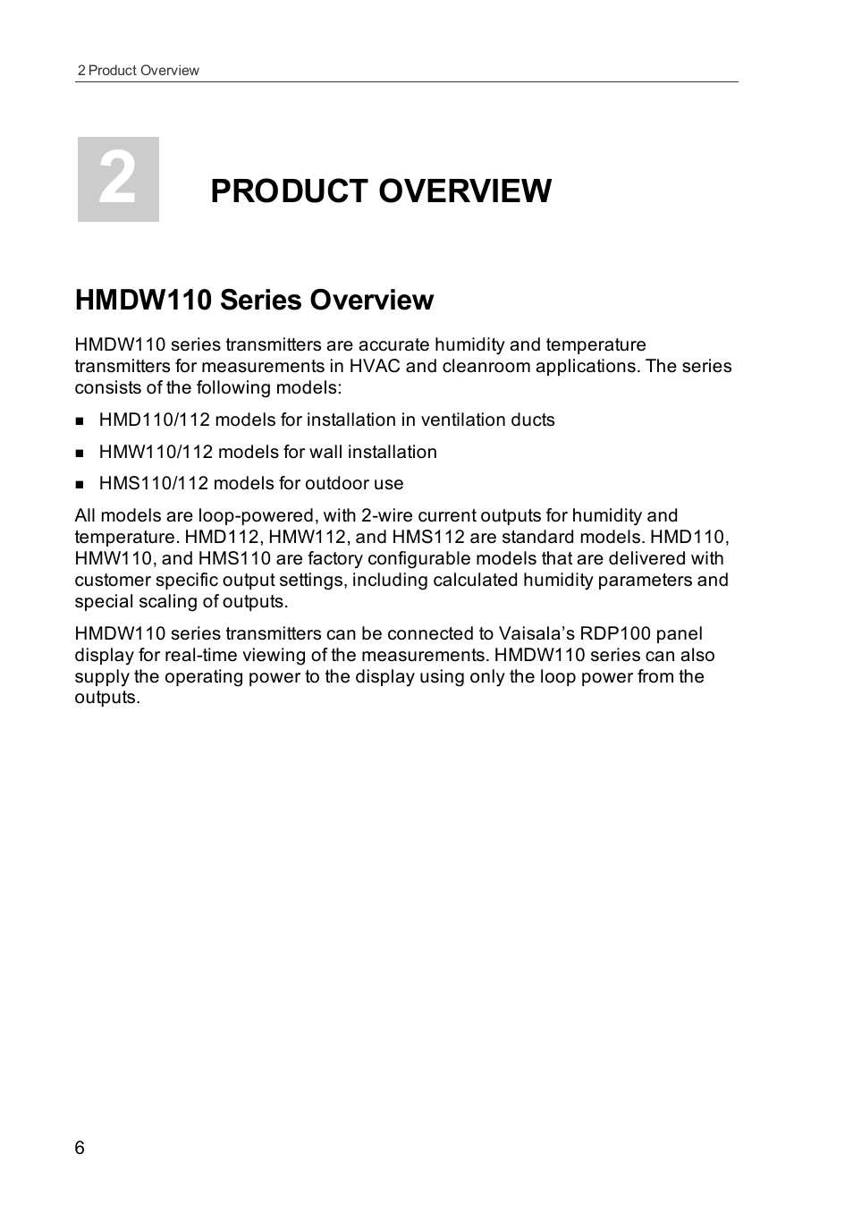 2 product overview, Hmdw110 series overview, Product overview | Vaisala HMDW110 User Manual | Page 8 / 62