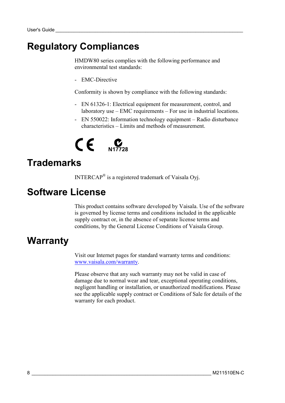 Regulatory compliances, Trademarks, Software license | Warranty | Vaisala HMDW80 User Manual | Page 10 / 51