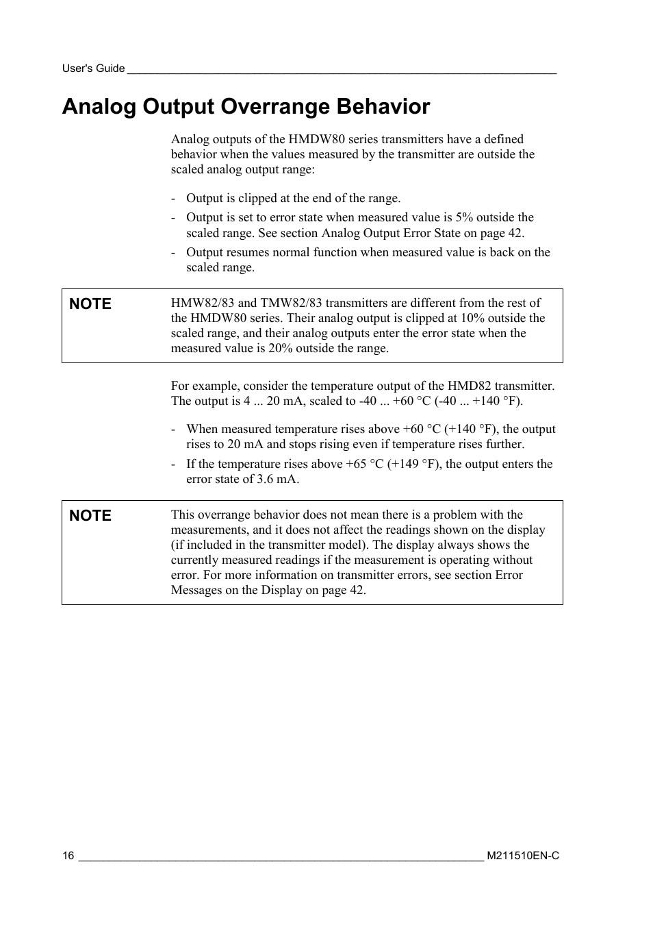 Analog output overrange behavior | Vaisala HMDW80 User Manual | Page 18 / 51