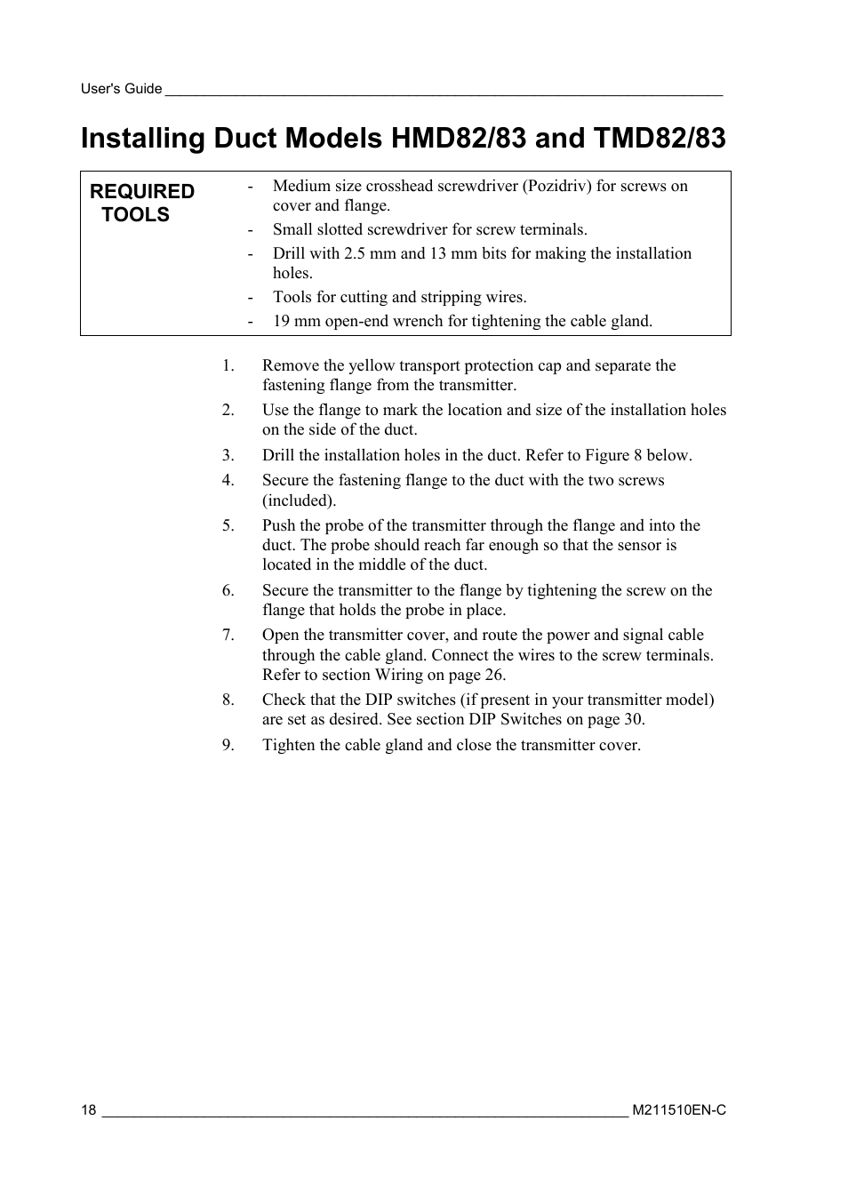 Installing duct models hmd82/83 and tmd82/83 | Vaisala HMDW80 User Manual | Page 20 / 51