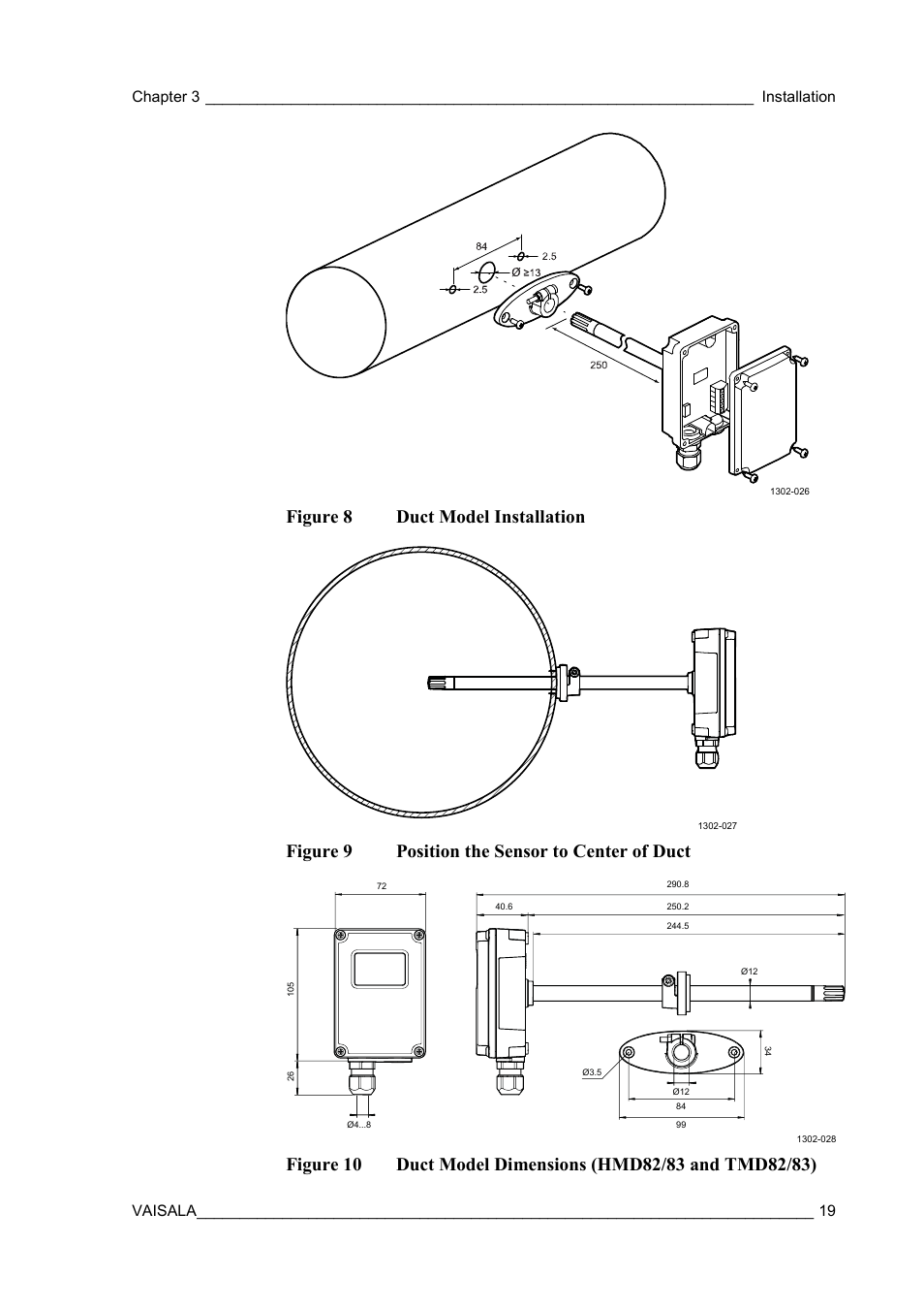 Figure 8, Duct model installation, Figure 9 | Position the sensor to center of duct, Figure 10, Duct model dimensions (hmd82/83 and tmd82/83), Figure 8 duct model installation, Figure 9 position the sensor to center of duct | Vaisala HMDW80 User Manual | Page 21 / 51