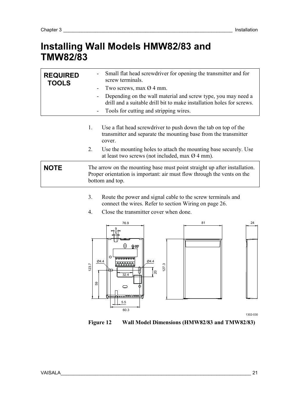 Installing wall models hmw82/83 and tmw82/83, Figure 12, Wall model dimensions (hmw82/83 and tmw82/83) | Required tools | Vaisala HMDW80 User Manual | Page 23 / 51