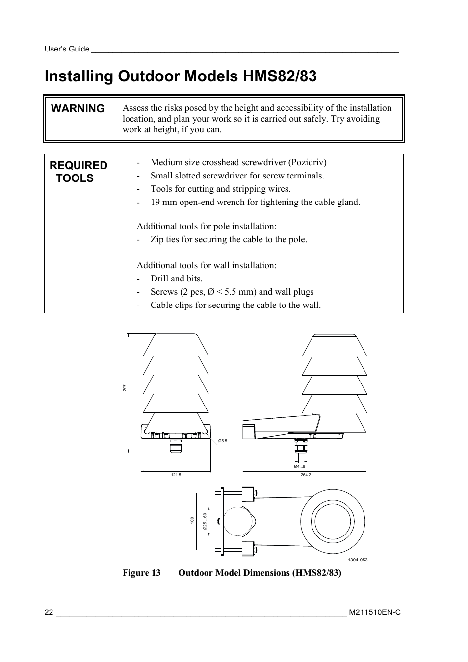 Installing outdoor models hms82/83, Figure 13, Outdoor model dimensions (hms82/83) | Warning, Required tools | Vaisala HMDW80 User Manual | Page 24 / 51