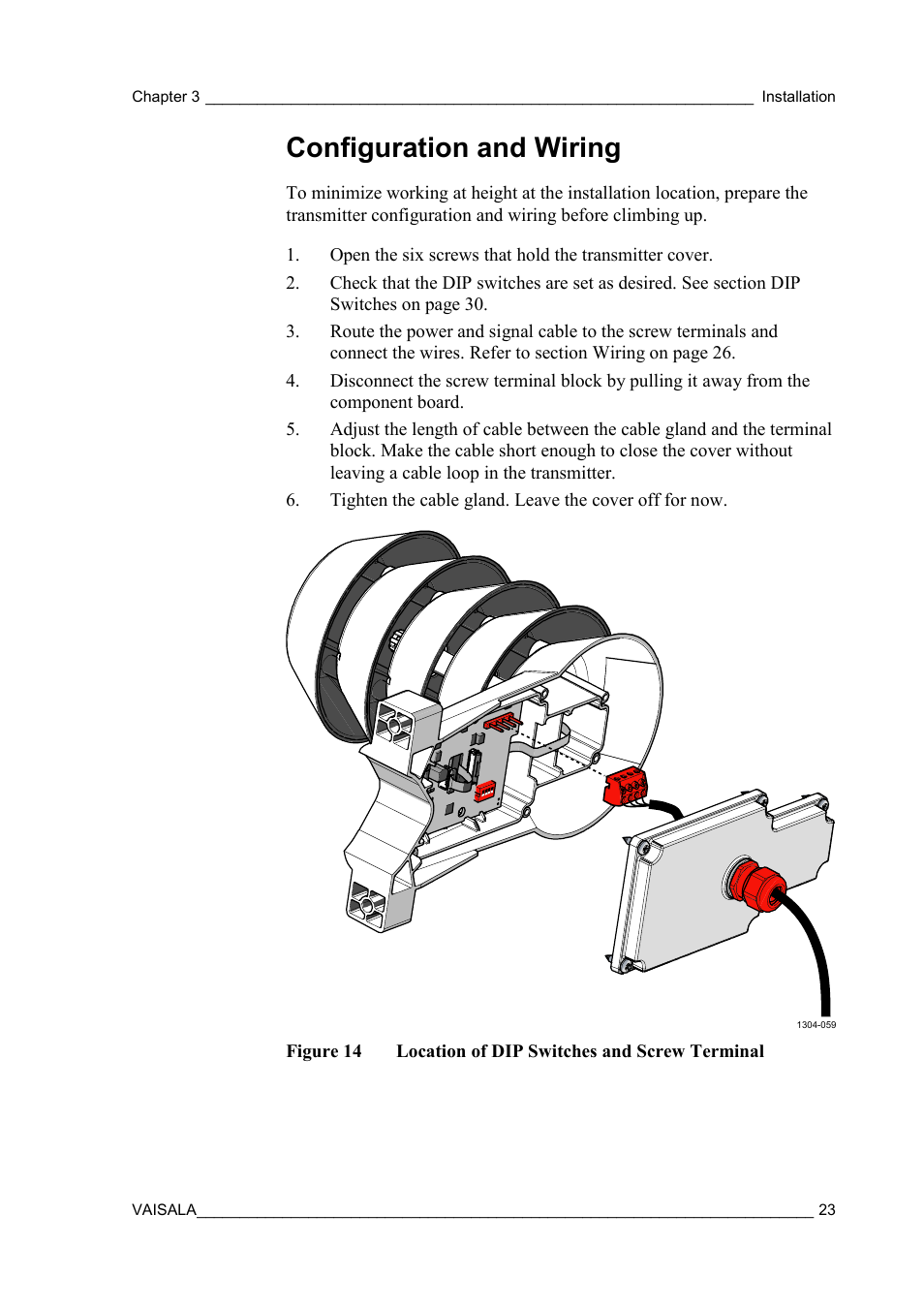 Configuration and wiring, Figure 14, Location of dip switches and screw terminal | Vaisala HMDW80 User Manual | Page 25 / 51